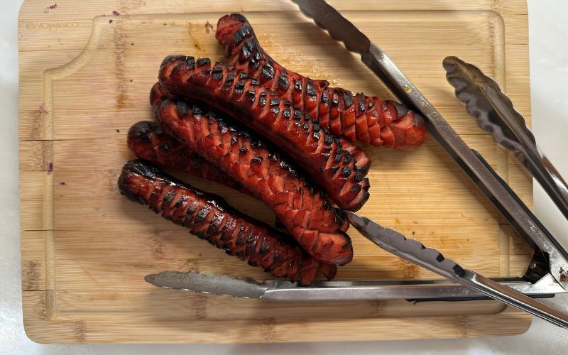 Hot Dogs that are cross hatched in order to create more texture and flavor