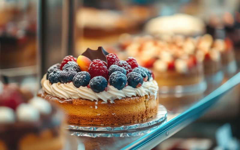 Bakery case with a vanilla cake with cream and fruit on top