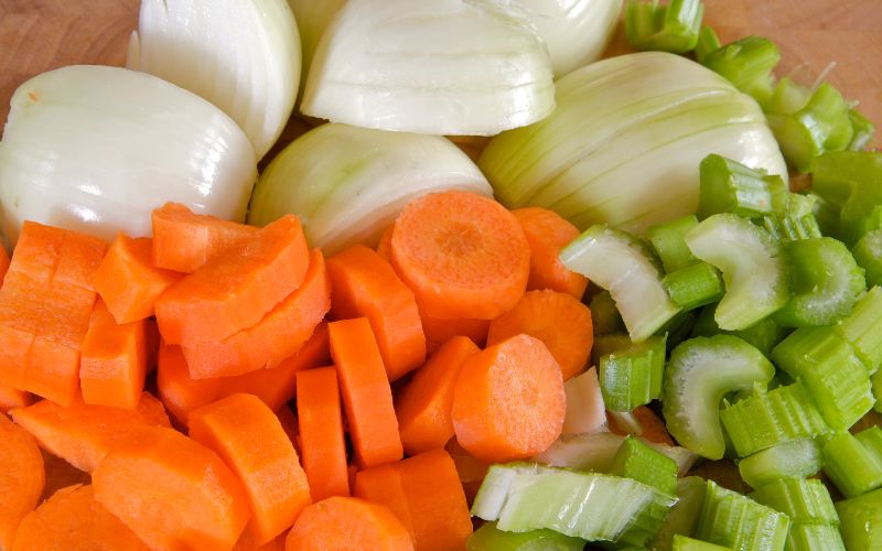 Carrots, Onions and Celery being made into stuffing 