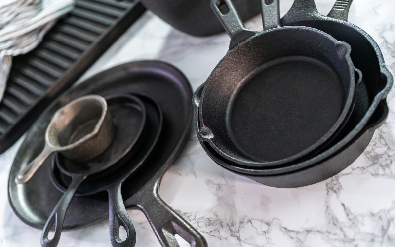 Cast iron cookware different sizes for different uses. 
