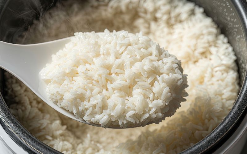 Spoonful of rice over a Pot of rice.