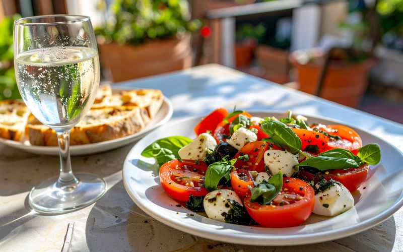Tomato and mozzarella salad with basil and olive oil 