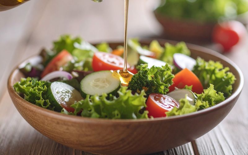 Olive oil being poured over a salad of greens, tomatoes, cucumbers and red onion