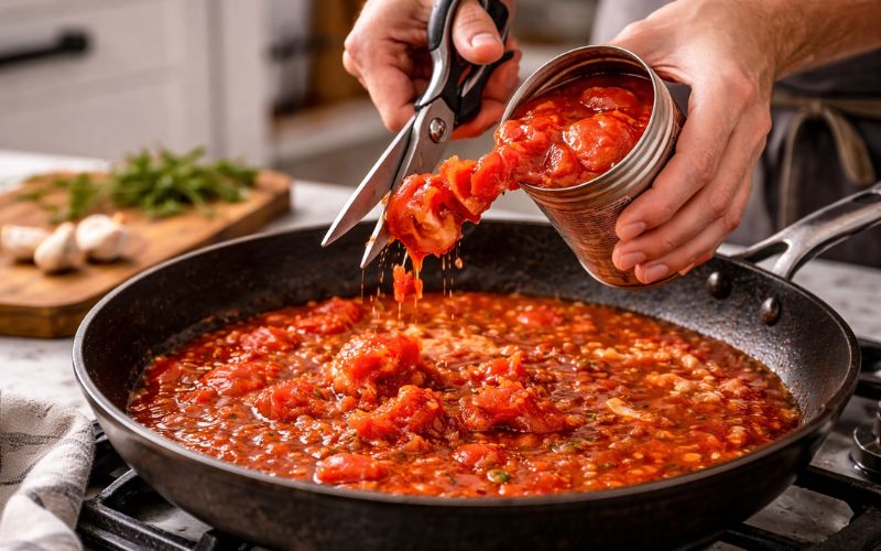 Using scissors to cut canned tomatoes