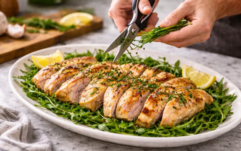 Using Scissors to cut herbs for a dish.