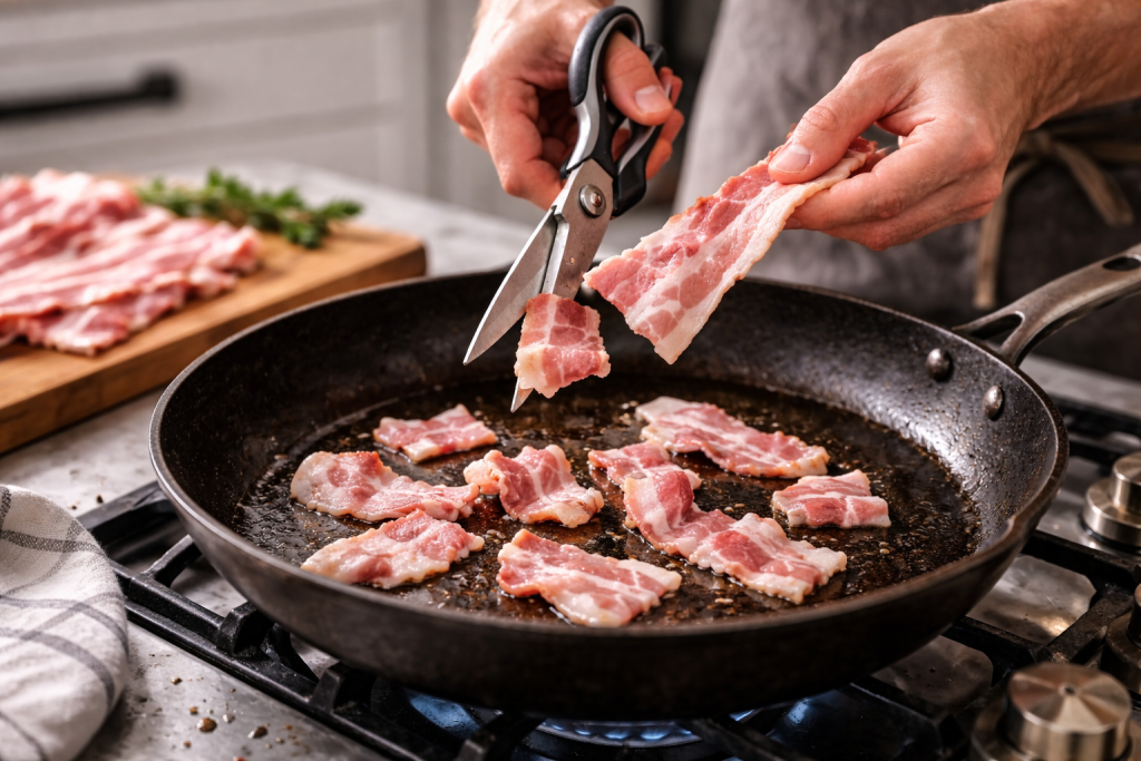 Using Scissors cutting bacon